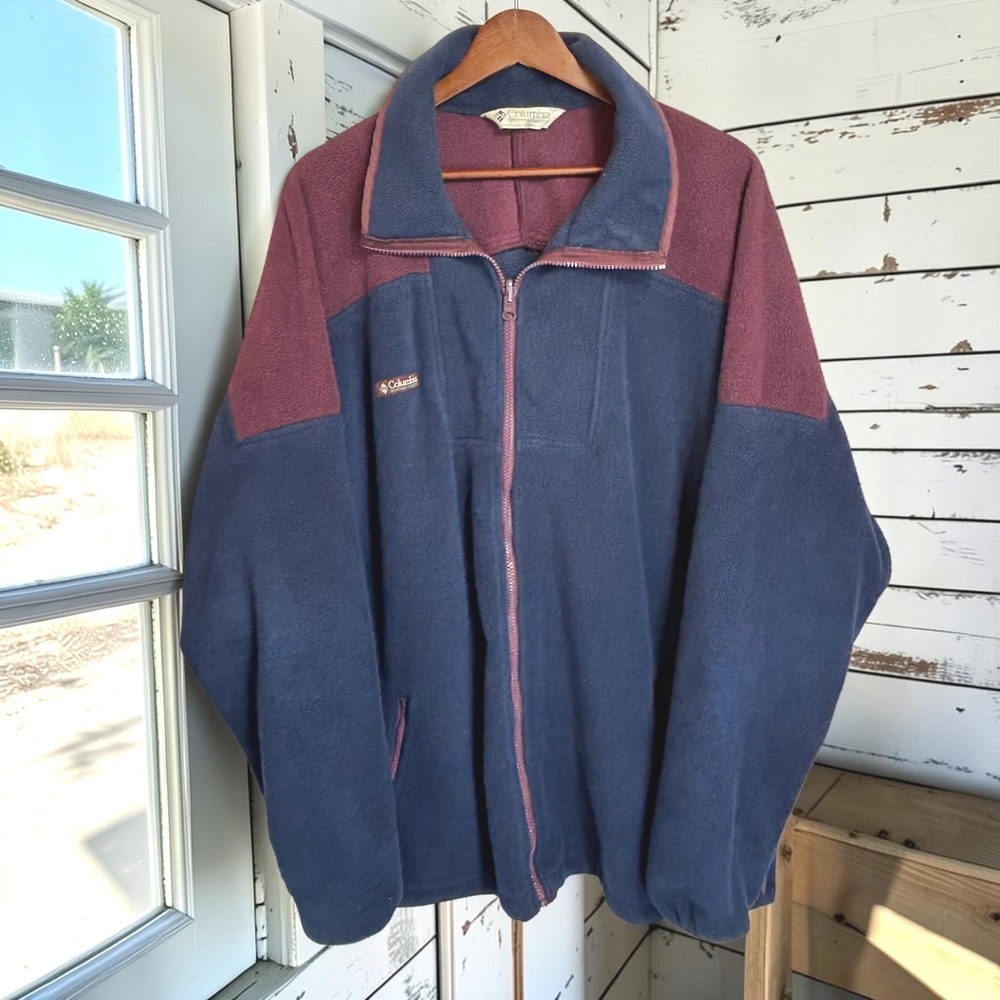 Vintage 90s Fleece Jacket Columbia XL Navy Burgundy Full Zip Colorblock Cabin